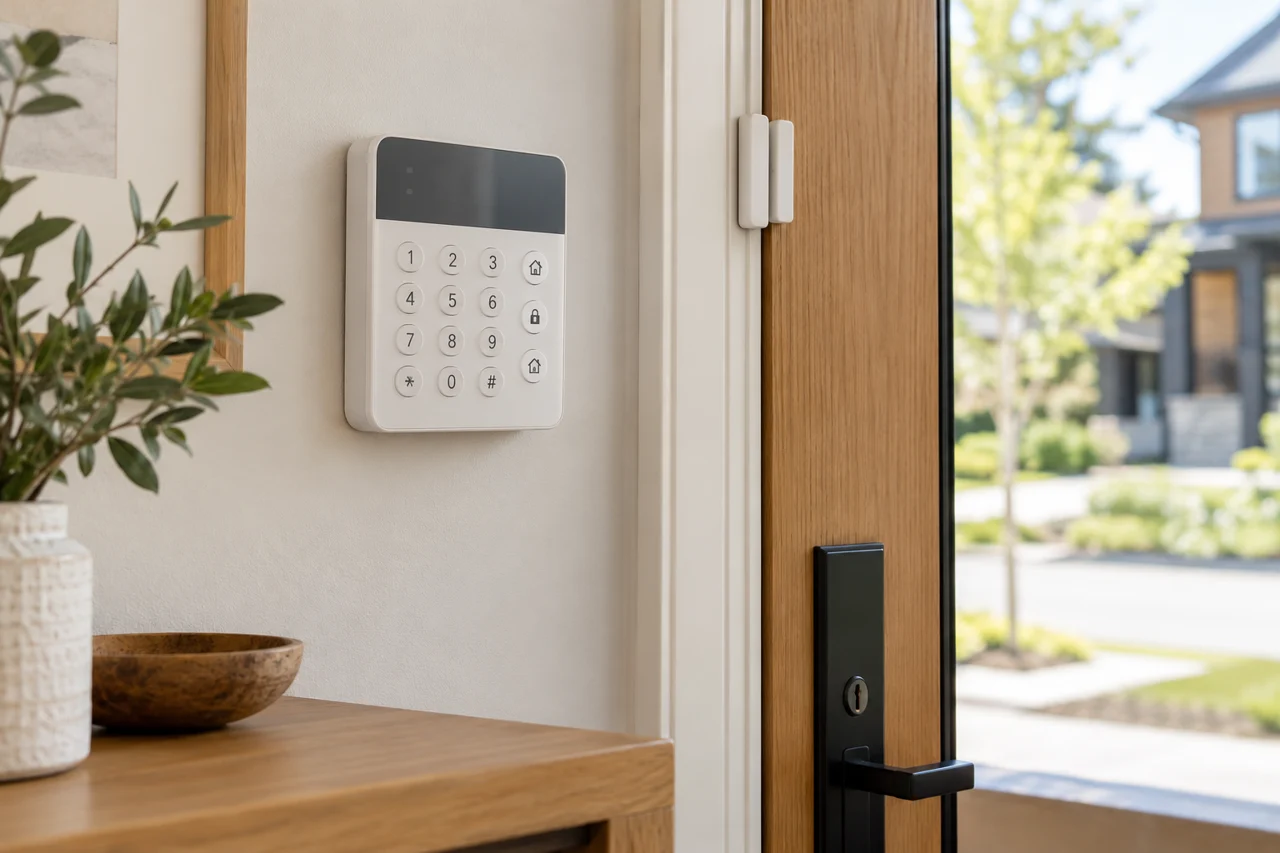 A home alarm keypad beside the front door