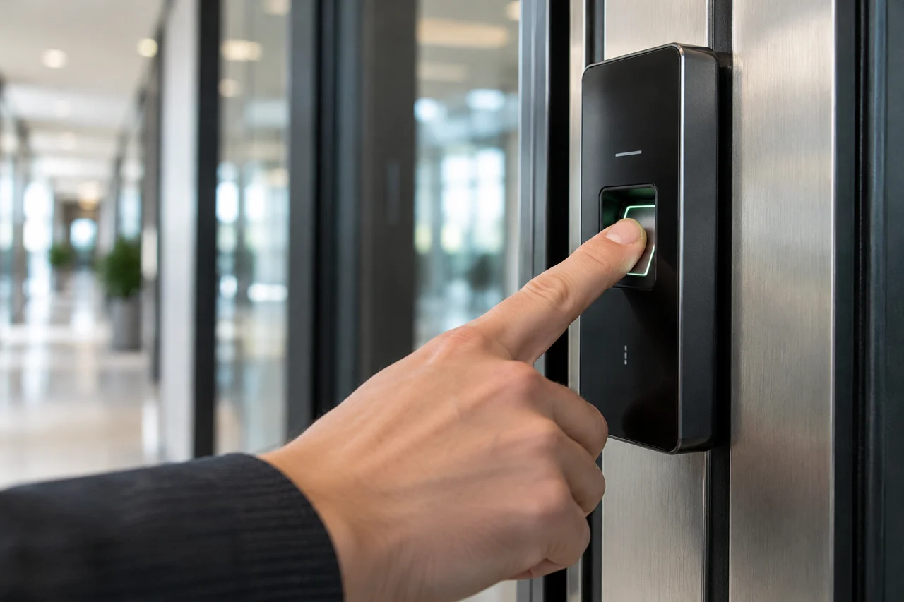 Fingerprint reader beside a secure door