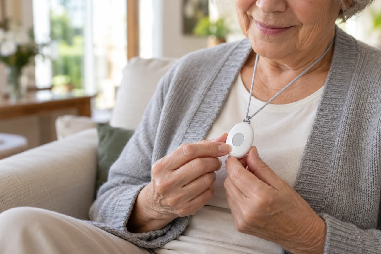 Older adult holding a wearable medical alert button